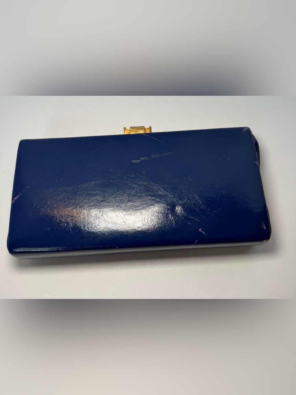 Vintage 1960s Elbief England Navy Blue Patent Box Clutch Bag Gold Clasp - Picture 2 of 12